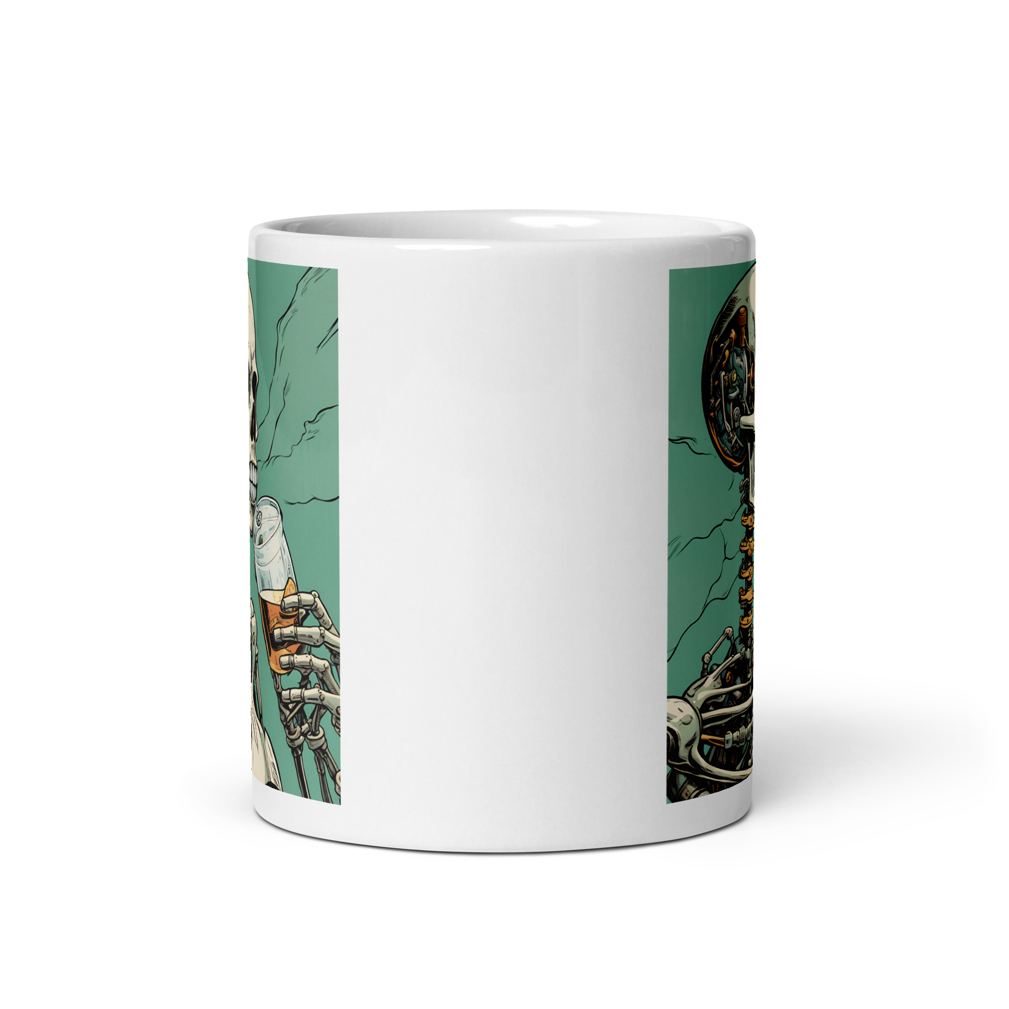 Cyborg Skeleton Drinking White Glossy Mug