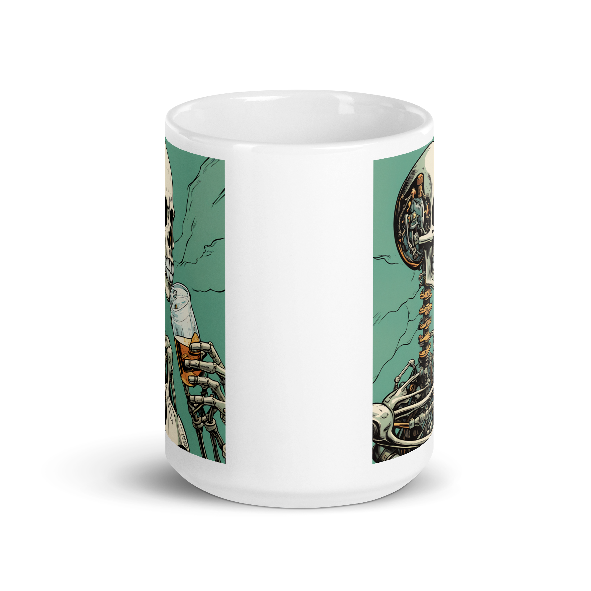 Cyborg Skeleton Drinking White Glossy Mug