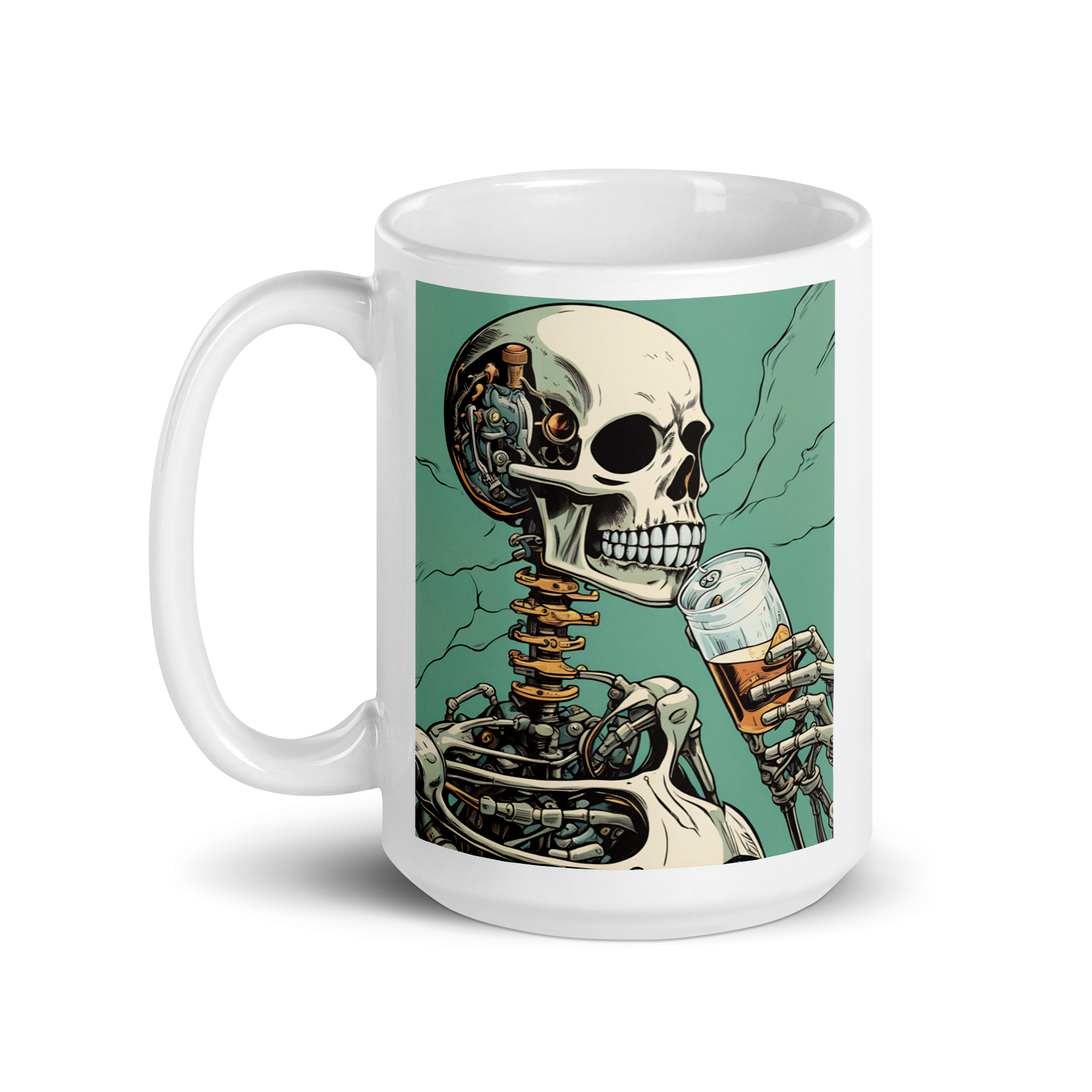 Cyborg Skeleton Drinking White Glossy Mug