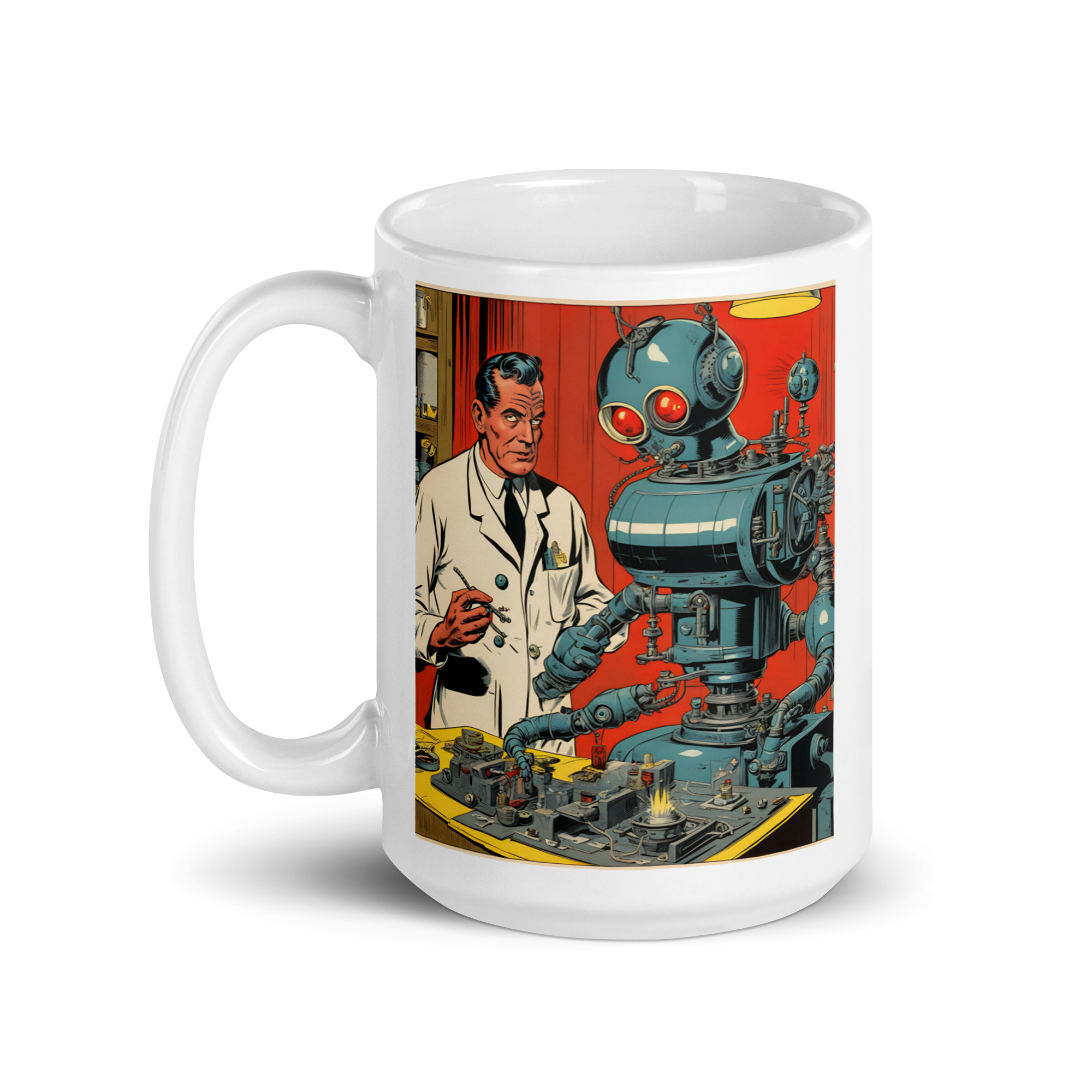 Scientist Building a Kill-Bot White Glossy Mug