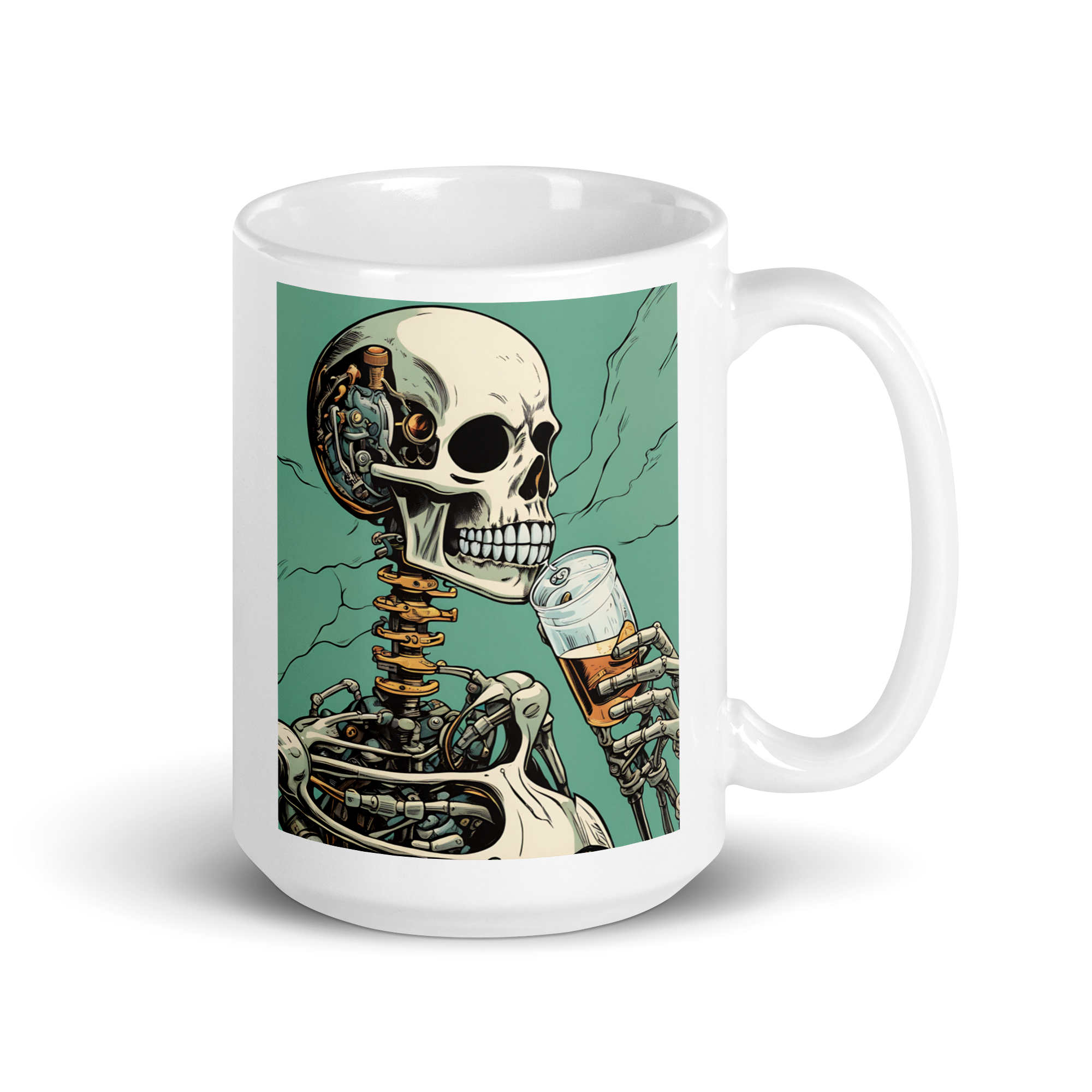 Cyborg Skeleton Drinking White Glossy Mug