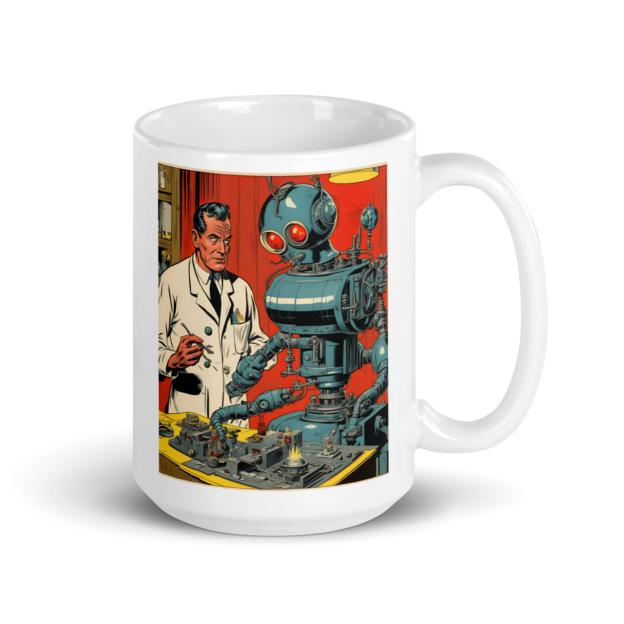 Scientist Building a Kill-Bot White Glossy Mug