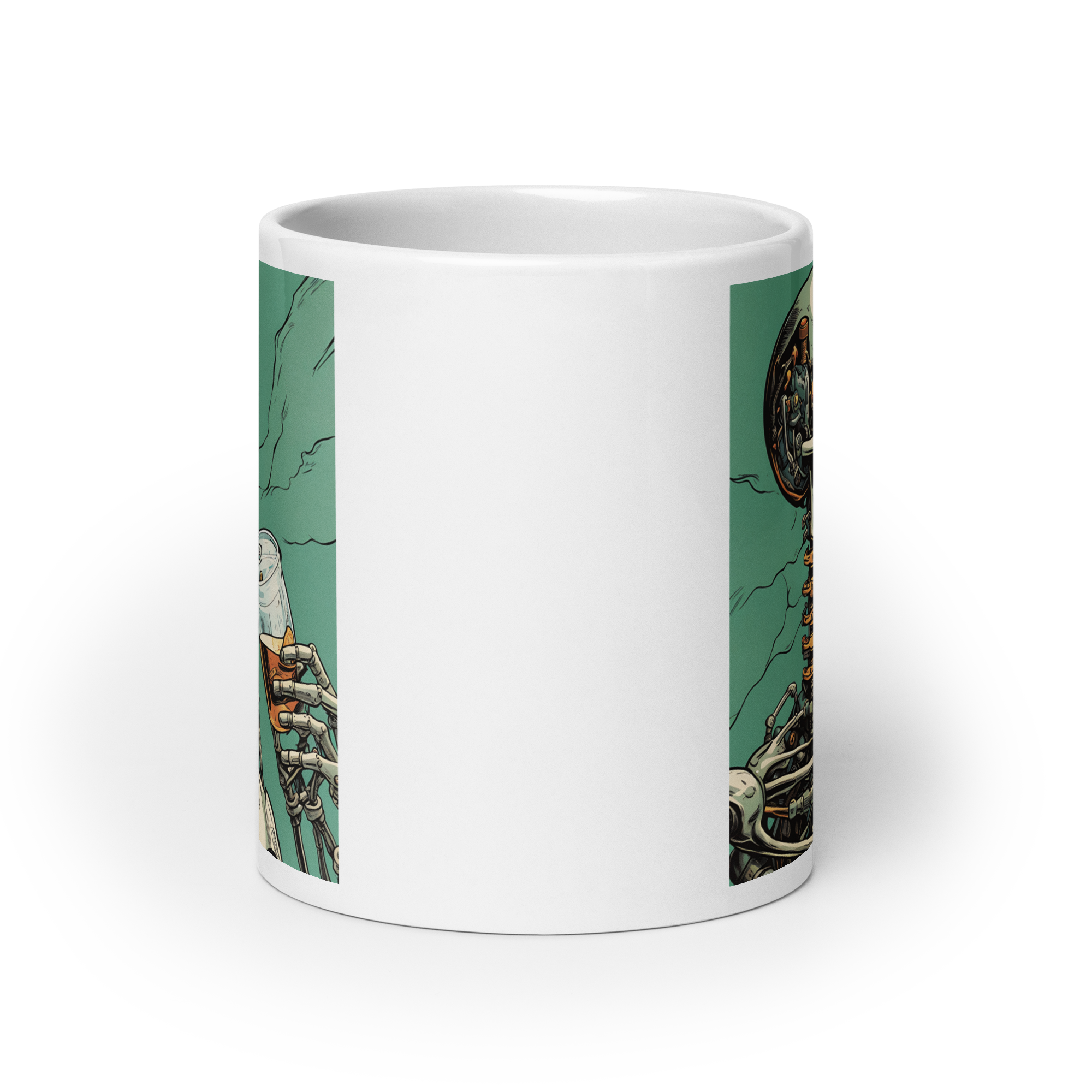 Cyborg Skeleton Drinking White Glossy Mug