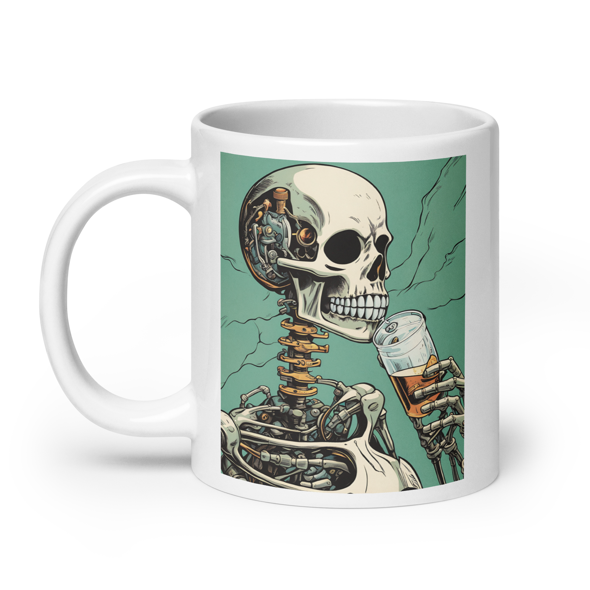 Cyborg Skeleton Drinking White Glossy Mug