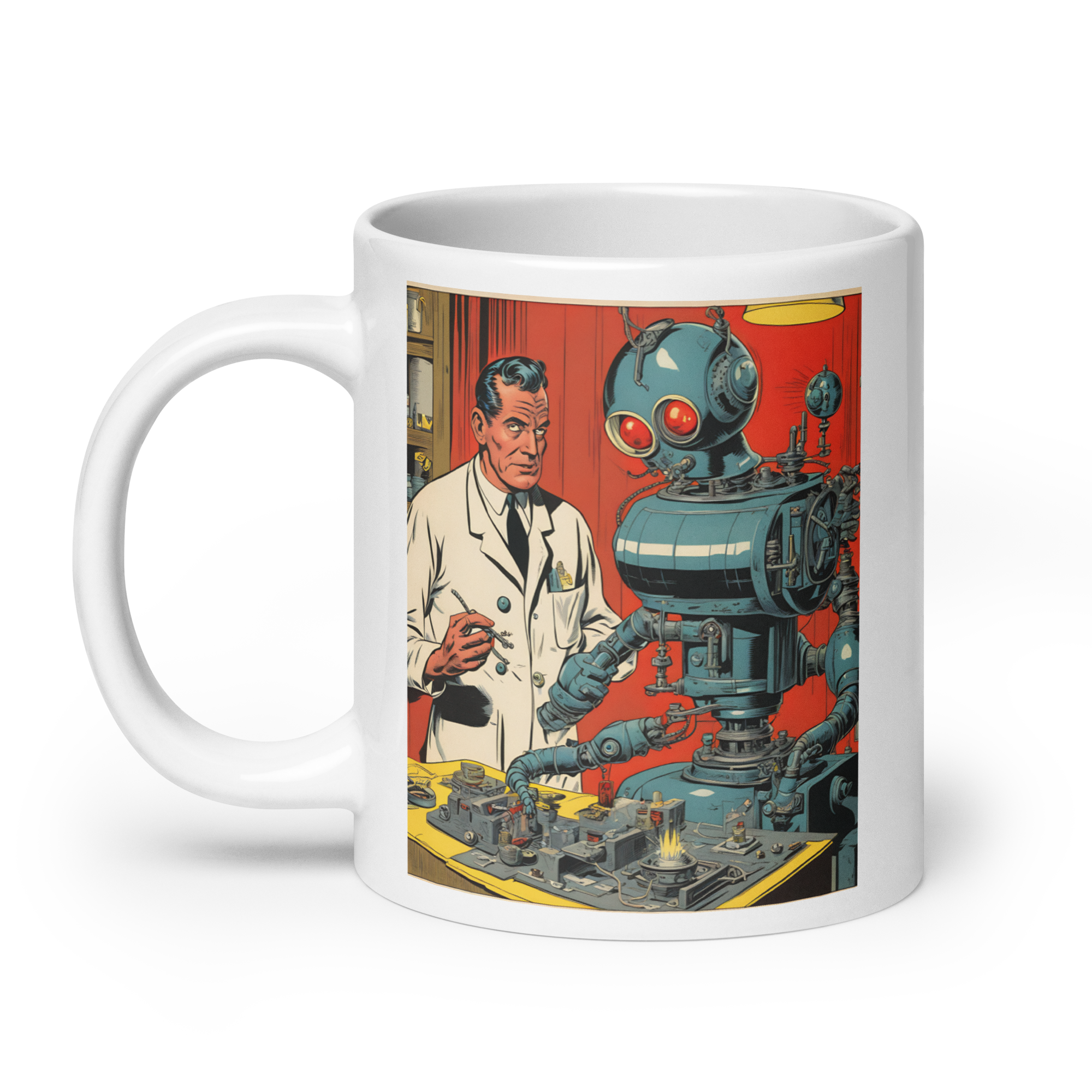 Scientist Building a Kill-Bot White Glossy Mug