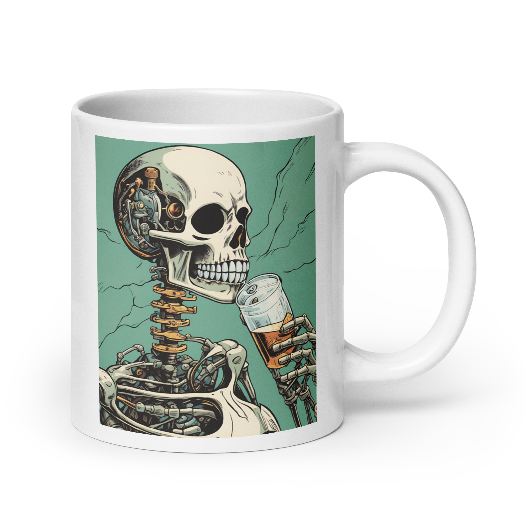 Cyborg Skeleton Drinking White Glossy Mug